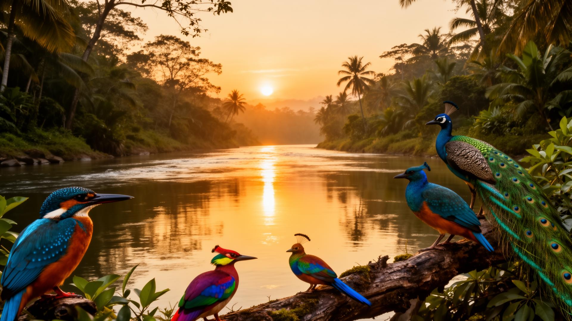 Colorful birds near river