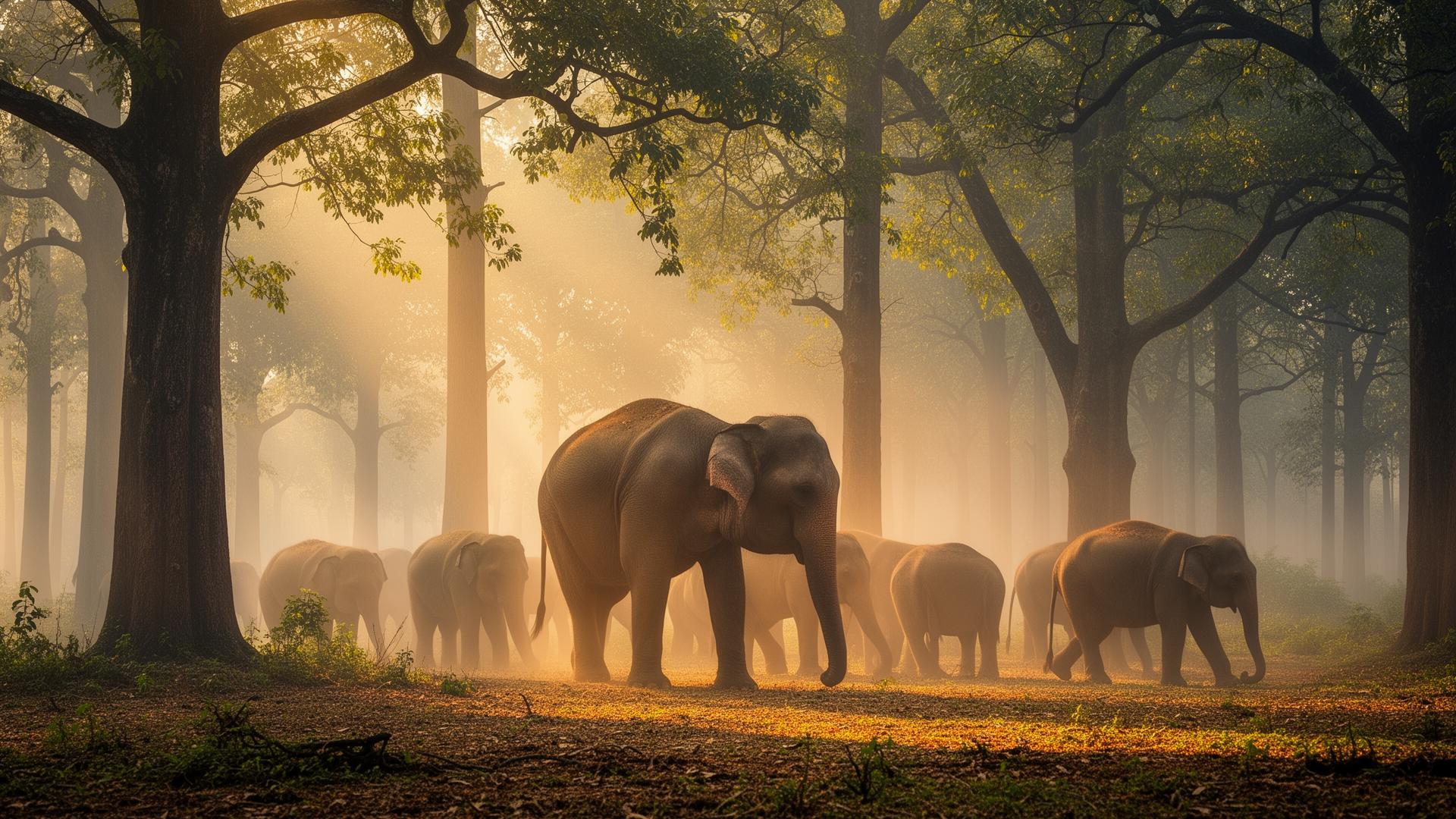 Wild elephant herd in misty forest
