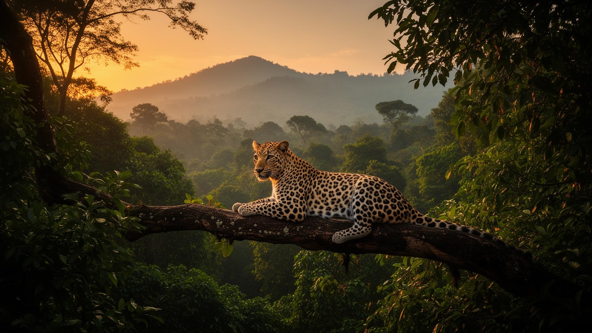 Leopard resting on tree branch
